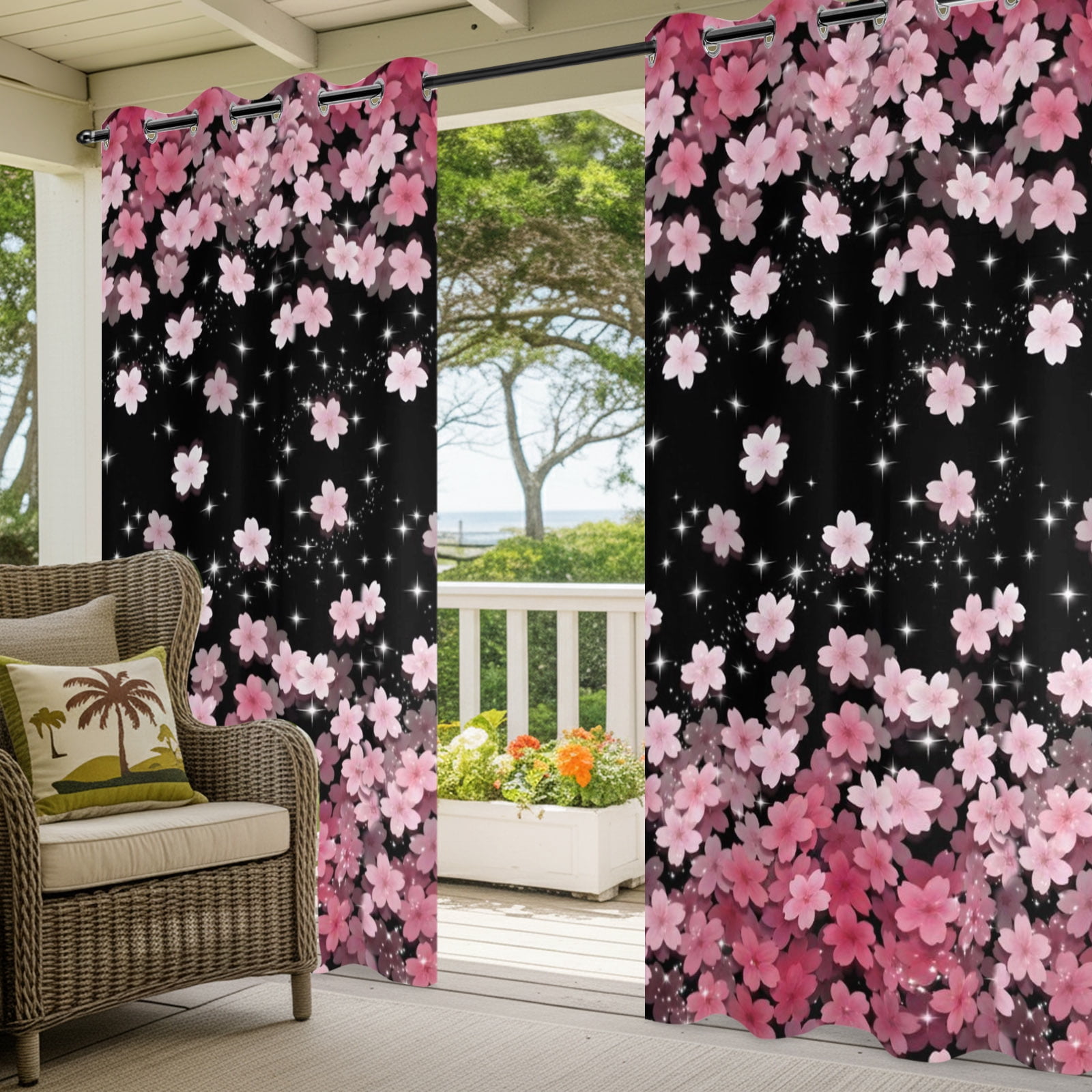 Cherry Blossom Outdoor Curtains for Patio, Pink Gradient Floral Botanical Sunshade Privacy Drapes Grommet Waterproof Outside Curtains for Porch/Cabana/Balcony 54"x 108", 1 Panel