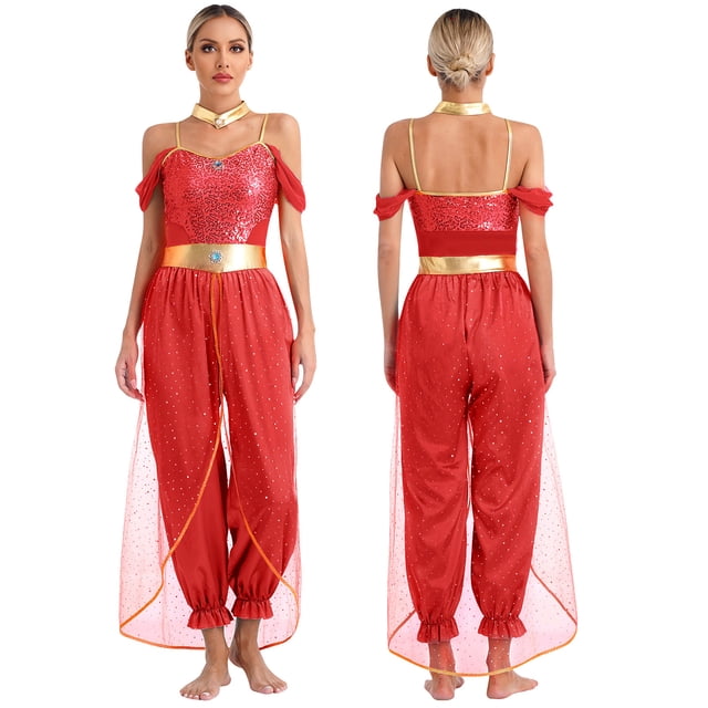 TiaoBug Womens Shiny Sequins Off Shoulder Jumpsuit with Choker Flowy Tassel Rompers One Piece Outfits Red 3XL