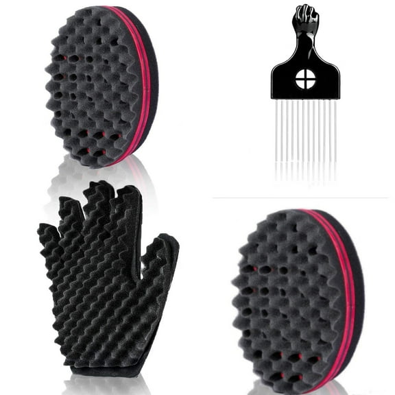 Magic Twist Hair Sponges Set, Big Holes Sponge Brush for Hair, Curling Sponge Glove for Men Women Curls with Metal Afro Pick