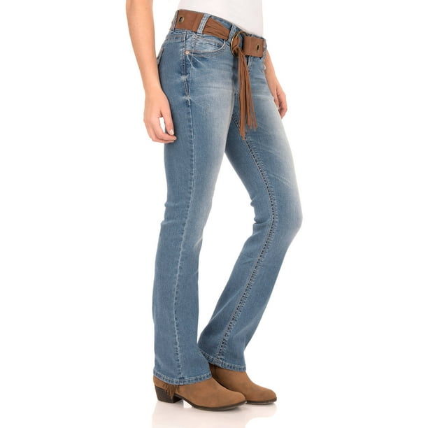 No Boundaries Juniors' belted curvy bootcut jeans w/backflap embroidery