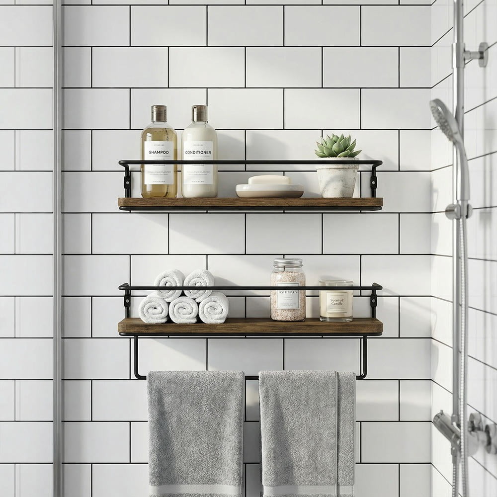 Kadyn Industrial Farmhouse Shelves with Guardrail Include Weathered Dark Wood, Matte Black Frame & Hidden Heavy-Duty Mounting for Versatile Rustic Wall Organization, Brown