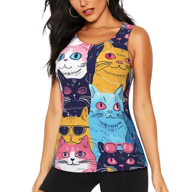Balery Colorful Cats Pattern Art Camiseta sin mangas estampada ligera para mujer, tops de entrenamiento sin mangas, camisetas de yoga transpirables de secado rápido.-X-Large