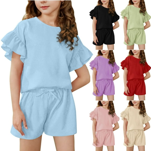 Agkizg 2PC Summer Ruffle Short Sleeve Top Shorts Set Casual Cute Outfits (Girl's or Girl's Plus),2-Piece Set,Sizes 3-15 Years