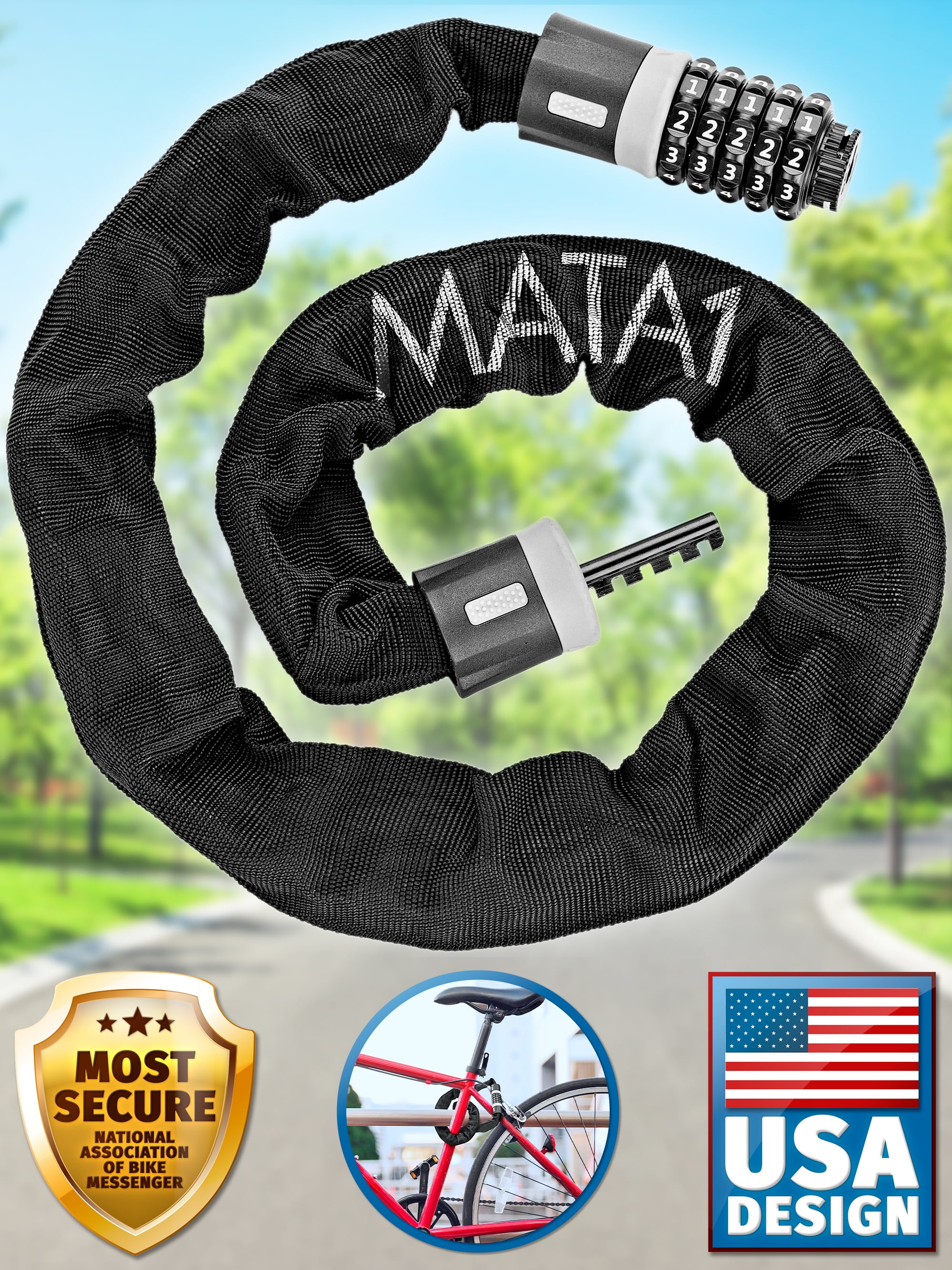 Mata1 Bike Chain Lock, Anti-Theft w/ 5-Digit Combination Code, Heavy-Duty Cable for Scooters & Kids' Stroller, Black