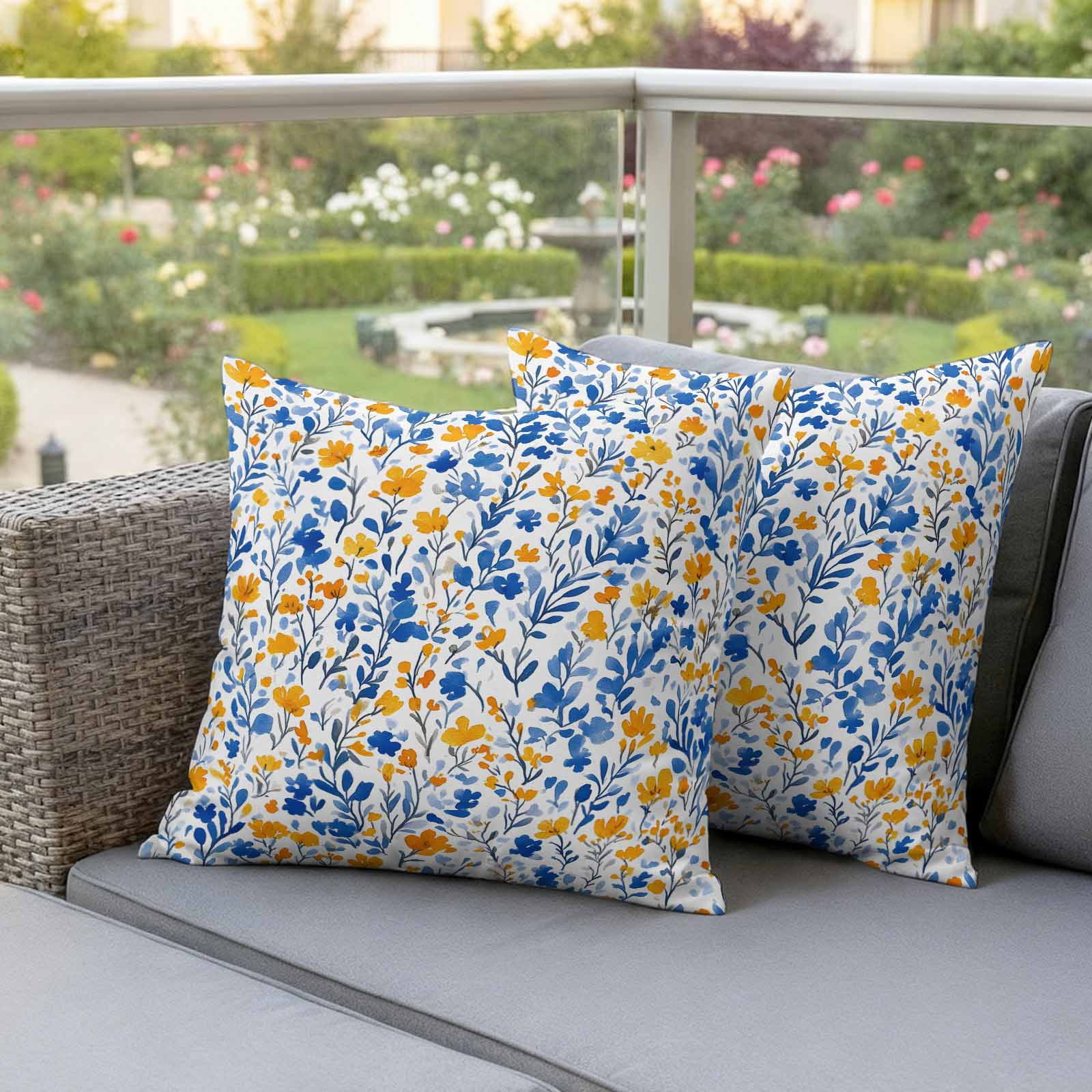 Watercolor Lake Pillow Covers 2 Pack Blue and Yellow Floral Leaves Spring Plant Pillowcase Waterproof Outdoor Throw Pillow Cover for Patio Garden Square Cushion 16”x16”