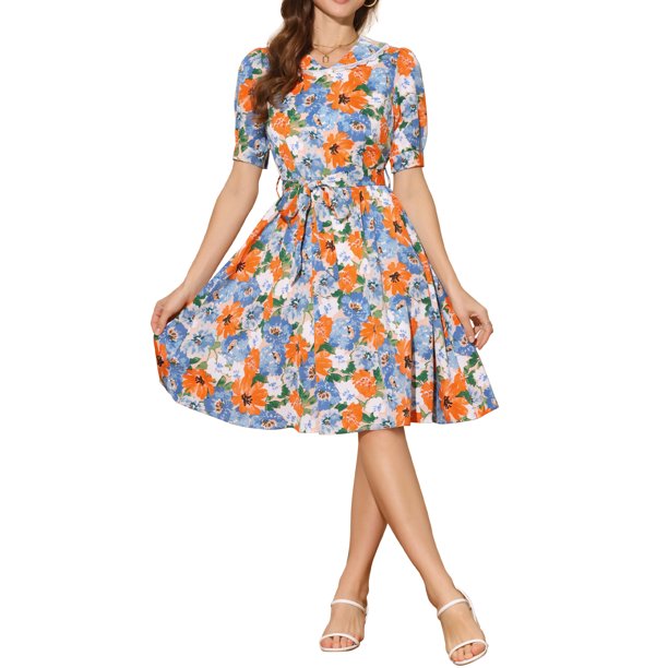 INSPIRE CHIC Vestido Midi Floral de Manga Abullonada con Cuello Peter Pan y Cintura Alta para Mujeres en Naranja y Azul
