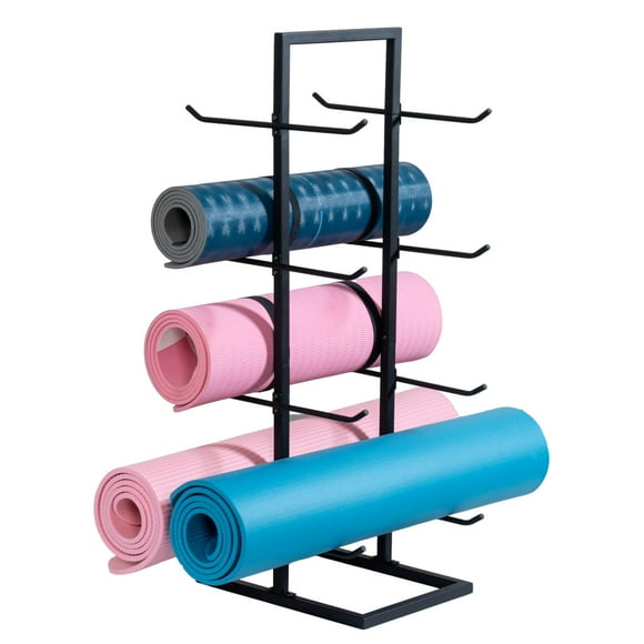 MyGift Support de Rouleau en Mousse à 4 Niveaux Moderne Noir Mat, Tapis de Yoga Double Face Autoportant et Équipement d'Exercice de Gym, Contient 8 Tapis