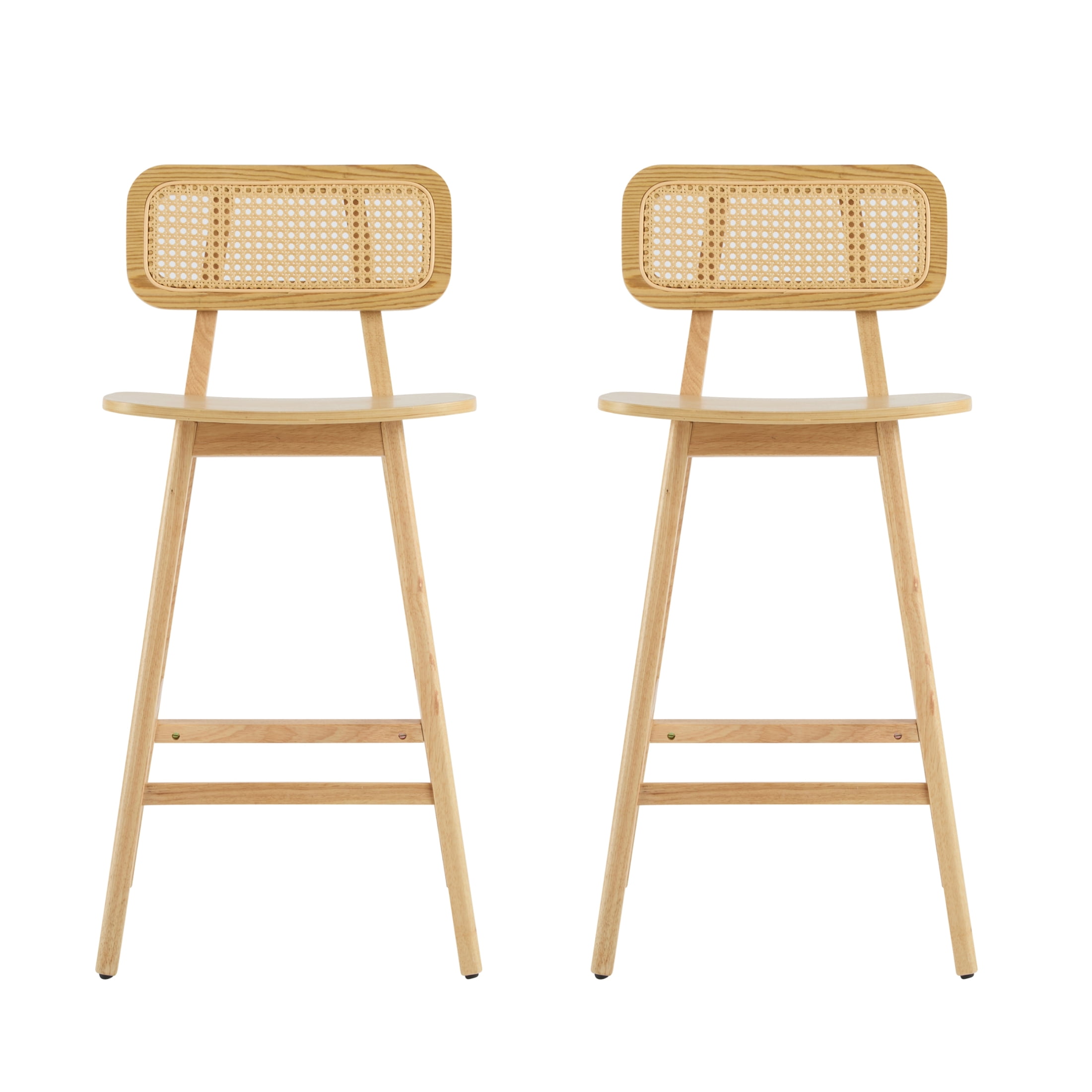 Christopher Knight Home 25.75" Mid-Century Modern Barstools with Rattan Backrest and Solid Wood Frame, Natural, Set of 2