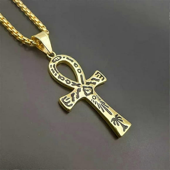 Mystical Egyptian Ankh Cross Pendant Necklace For Men Gold Color Stainless Steel Egypt Hieroglyphs Charms Jewelry