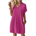 thumbnail image 3 of CHIUNL Summer Dresses for Women, V Neck Short Sleeve T-Shirt Dress with Pockets, Casual Loose Fit Mini Dress, Fashion Clothing for Vacation & Daily Wear (Hot Pink XL), 3 of 7