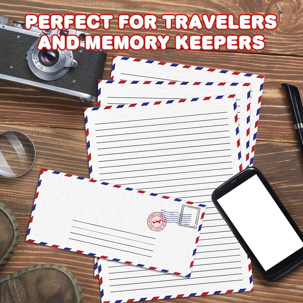 100 Pieces Vintage Stationery Paper and Envelopes Set - 50 Double Sided Airmail Sheets and 50 Envelopes - Pen Pal Stationery Letters and Envelopes with Air Mail Design
