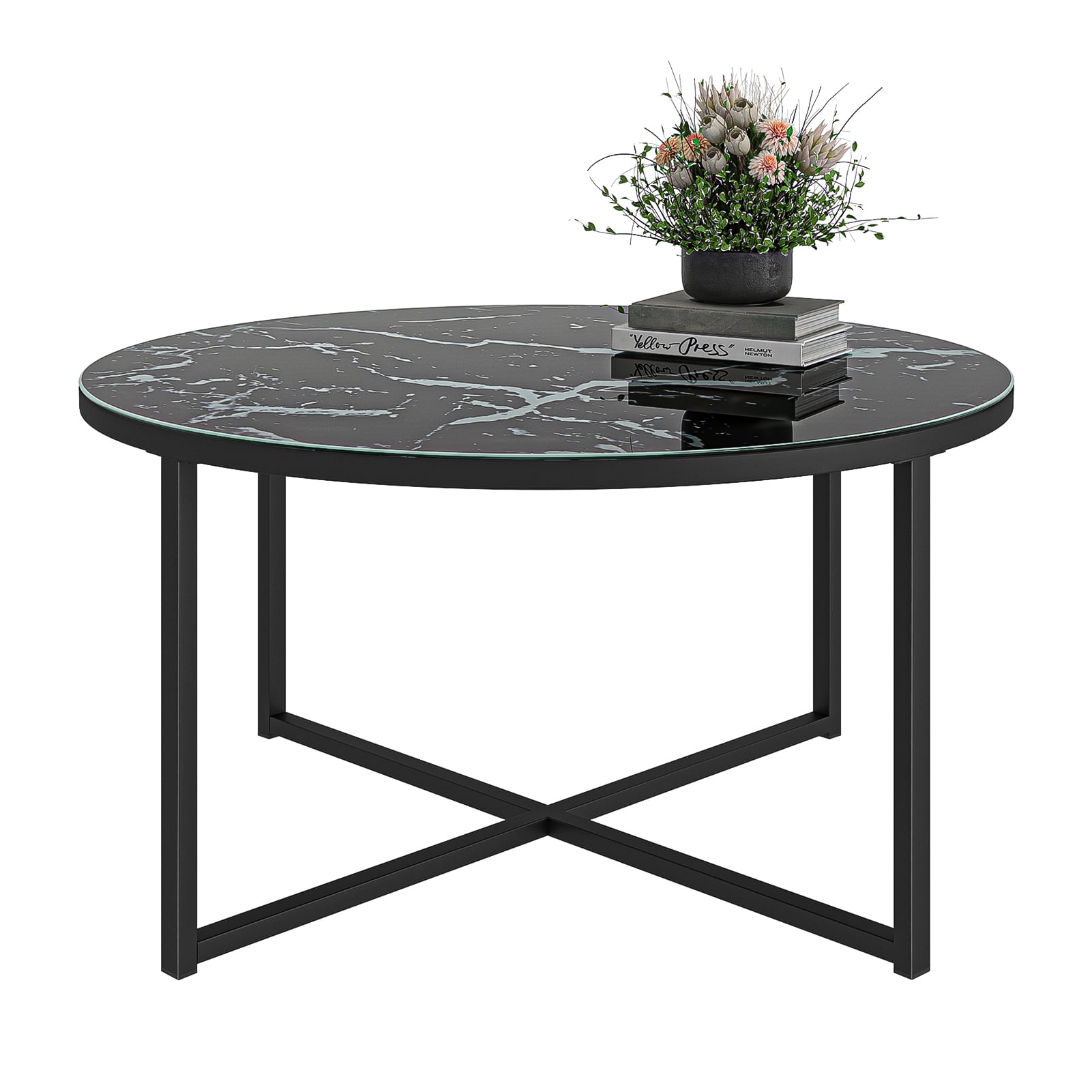 Kadyn Cross Legs Coffee Table, Modern Metal Sofa Center Table for Living Room, Round Table Cocktail Table with Metal Base, Black Kadyn Cross Legs Coffee Table, Modern Metal Sofa Center Table for Living Room, Round Table Cocktail Table with Metal Base, Black