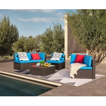 Devoko 6-Pieces Rattan Outdoor Conversation Sets with Cushions, Brown/ Blue
