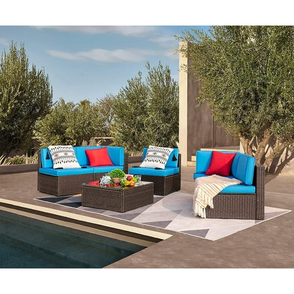 Devoko 6-Pieces Rattan Outdoor Conversation Sets with Cushions, Brown/ Blue