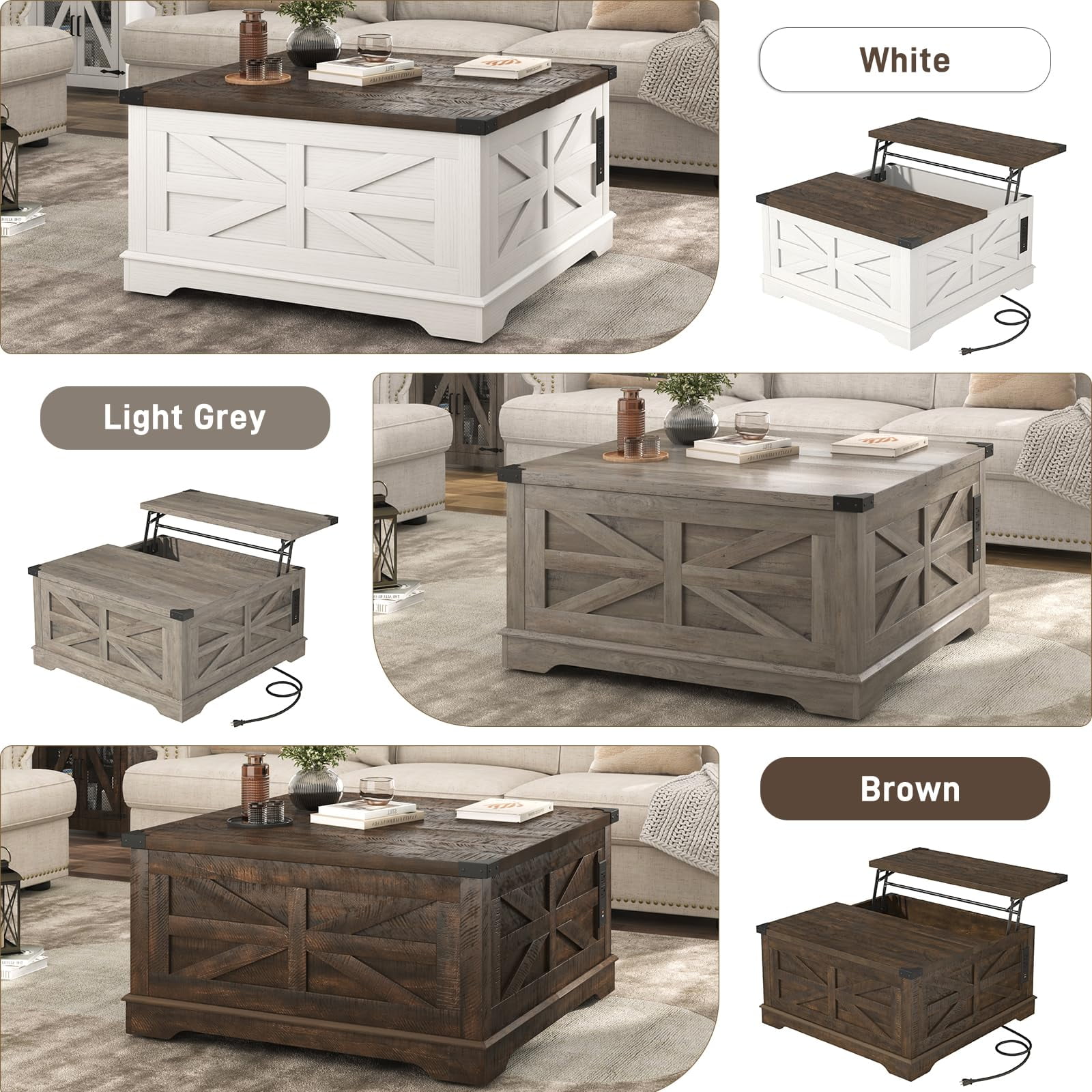 ANPOO 36” Square Lift Top Coffee Table with Power Outlets & Movable Wheels, Farmhouse Coffee Table w/Large Hidden Storage, Multi-Function Lift Wood Center Table for Home, Office,Rustic White