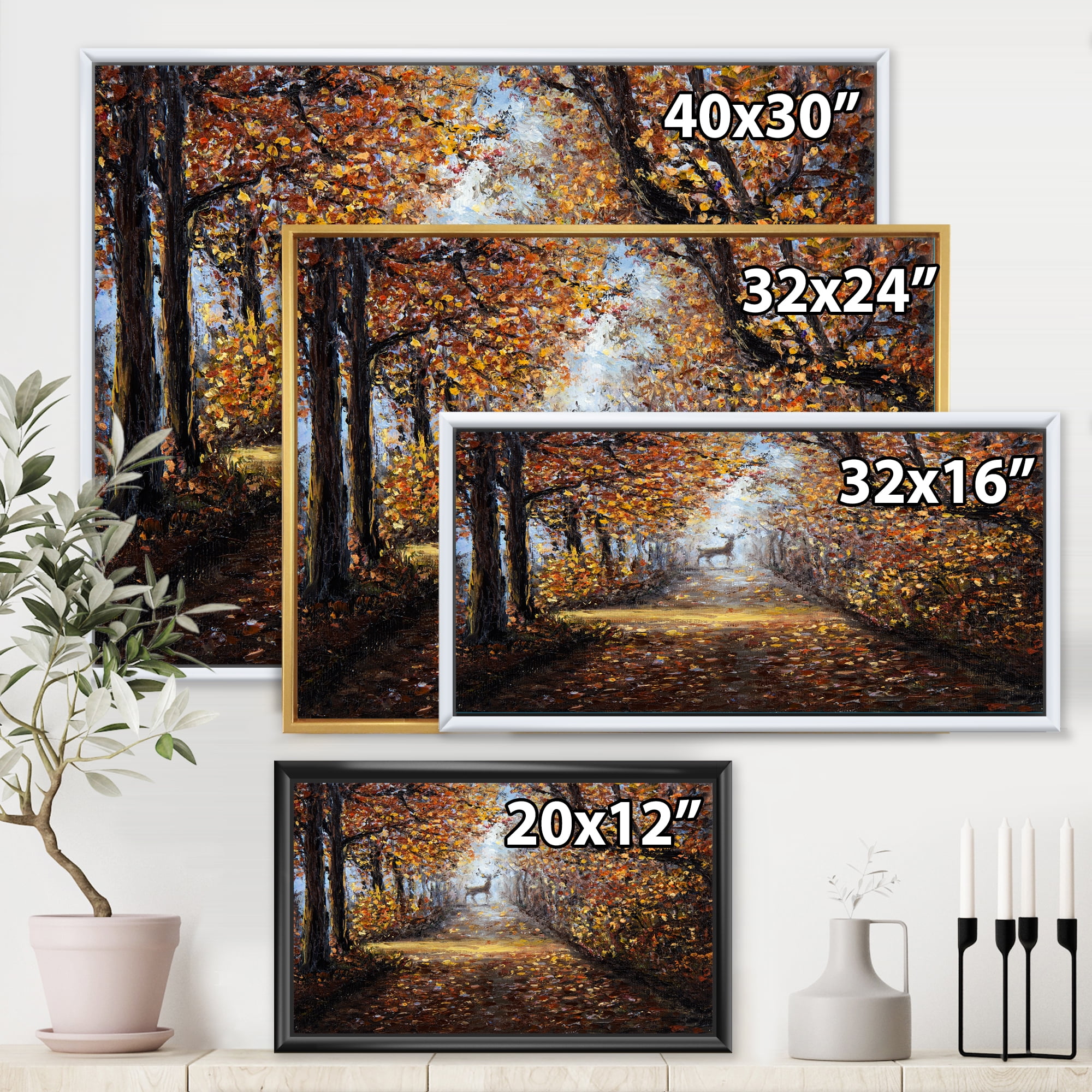 Deer In The Autumn Park 32 in x 16 in Framed Painting Canvas Art Print, by Designart