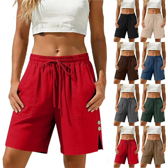 Bloomae Women's Linen Shorts Casual Button Side Slit Bermuda Long Shorts Drawstring Elastic High Waisted Comfy Summer Beach Vacation Short Pants with Pockets Blue S