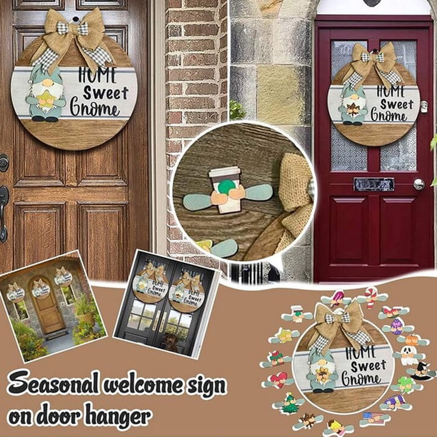 Gnomo puerta colgante, Welcome Sign con Festividades Intercambiables, diseño moderno, metal resistente, ideal para jardín, fácil de instalar, duradero, para exteriores, decoración exterior,