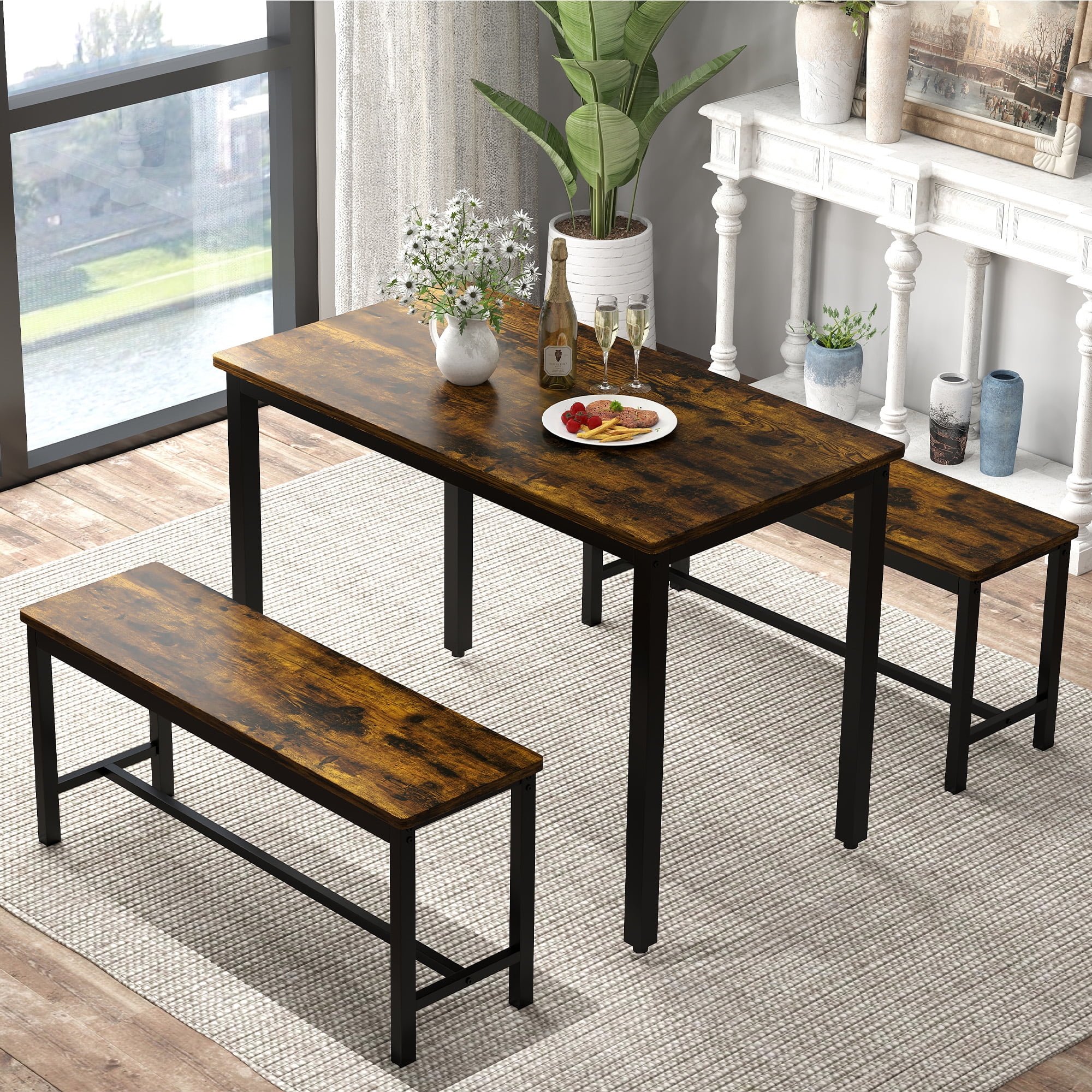 Aukfa Dining Table Set for 4, Kitchen Dining Table Set with 2 Bench ,Brown