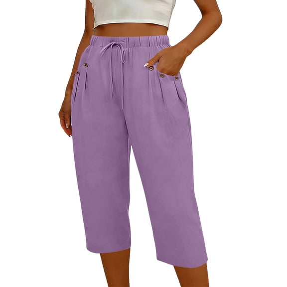 ShomPort Drawstring Capris for Women with Pockets Below Knee Length Breathable Cotton Linen Pants