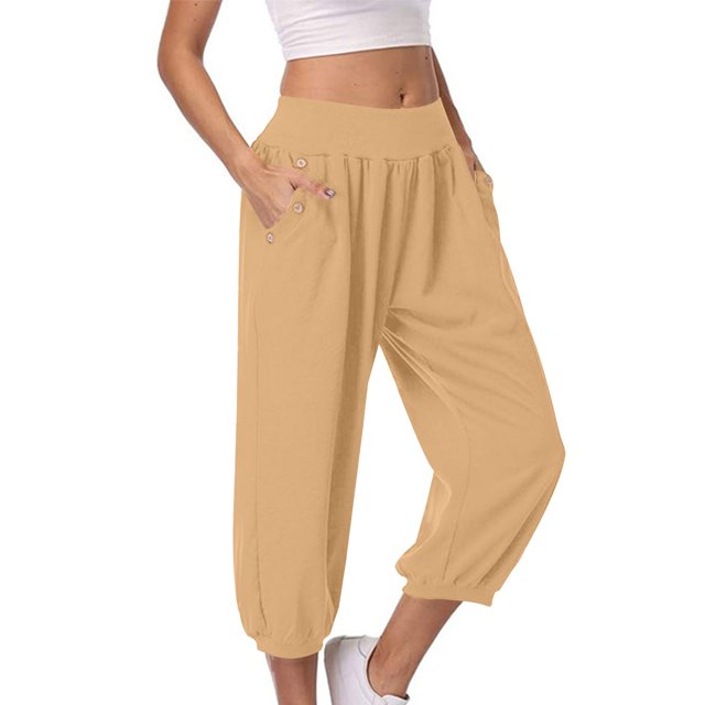 Timegard Womens Capri Pants Elastic High Waist Button Comfy Solid Color Casual Crop Pants with Pockets