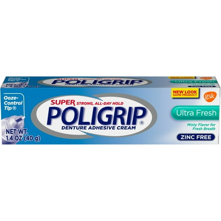 Super Poligrip Ultra Zinc Free Denture Adhesive Cream, Fresh Mint, 1.4 Oz