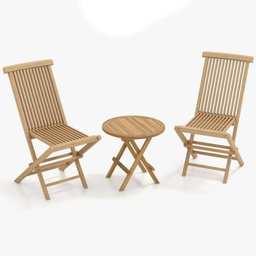 Gymax 3PCS Teak Wood Slatted Set Round Table Folding Chair without Assembly Patio