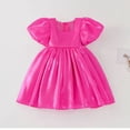 thumbnail image 4 of OIOLOYJM Girls Puff Short Sleeve Summer Dress Casual Cute Square Neck A-Line Dresses Party Holiday Vacation Lounge Smoked Dresses Hot Pink 2-3 Year, 4 of 6