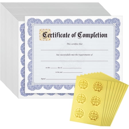 Certificate of Completion Paper Sheets - 8.5 x 11 in, Blue Floral Border & Gold Foil Seals, 48 Count - Award Certificate Paper for Printing & Student Recognition