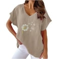 thumbnail image 1 of Camiseta de Manga Corta con Cuello en V con Impresión de Girasol, Algodón Casual Y Top de Cáñamo, 1 of 6