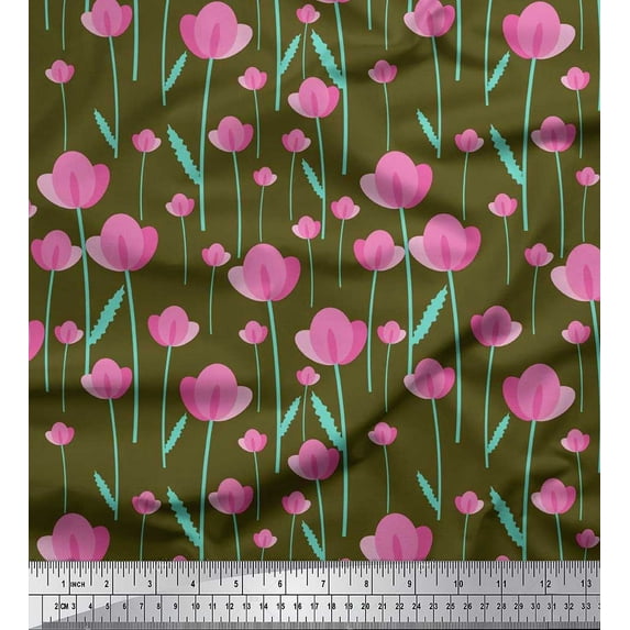 Soimoi Rayon Crepe Fabric Leaves & Floral Clip Art Printed Fabric 1 Yard 46 Inch Wide