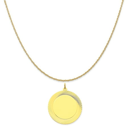 14k Yellow Gold Etched Design .027 Gauge Circular Engravable Disc Charm on Rope Chain Necklace, 16