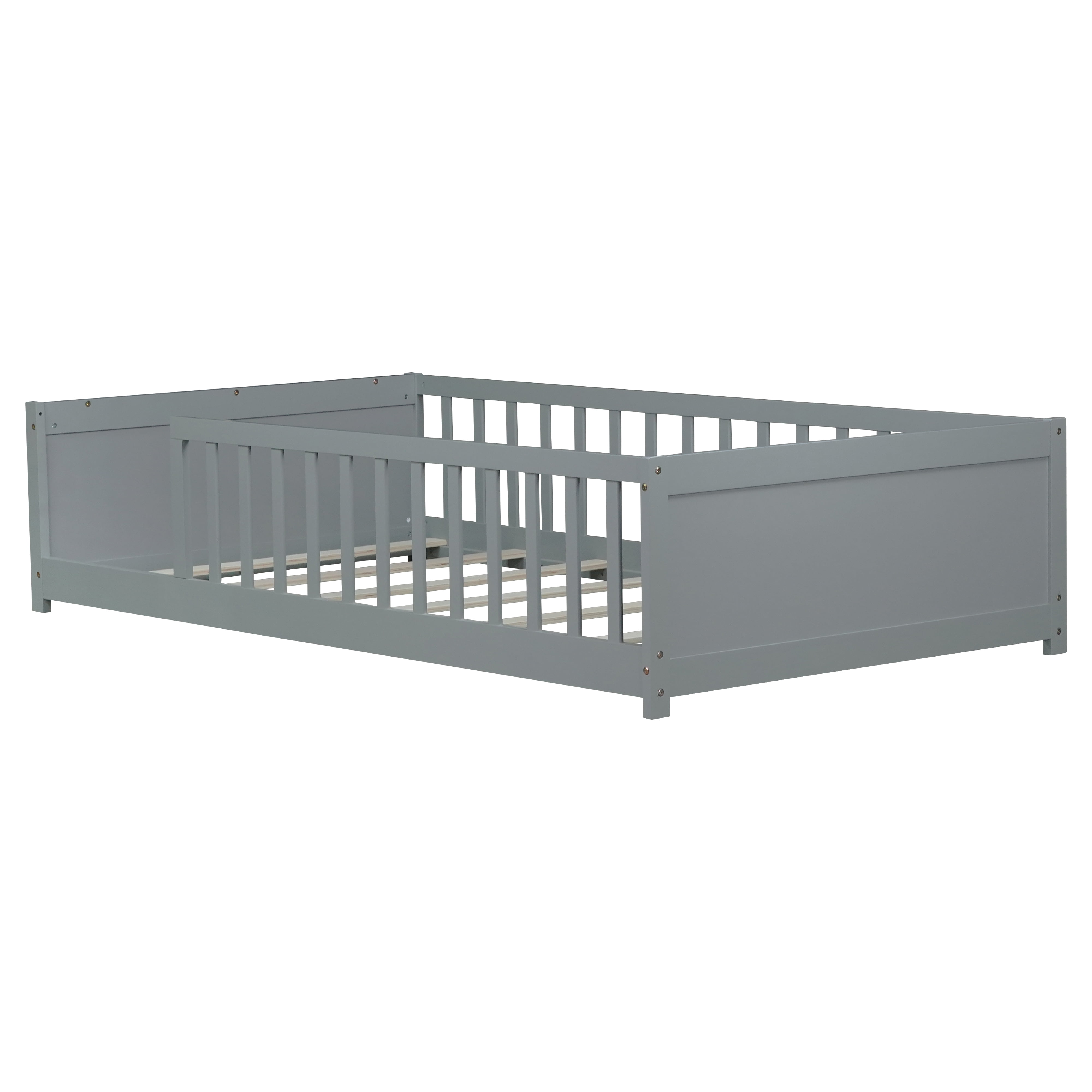 Miniyam Wood Twin Size Floor Bed with Built-in Book Storage Rack for Toddler, Gray