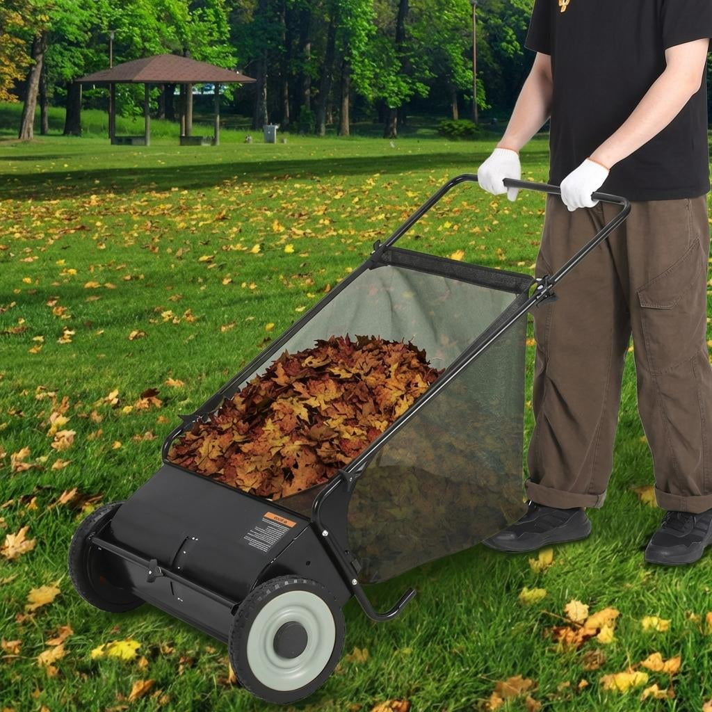 AIKKYS 26 Inch Heavy Duty Push Lawn Sweeper with 4 Spinning Brushes,Steel Frame 7 Cu. Ft. Leaf & Grass Collector,Adjustable Height,Black