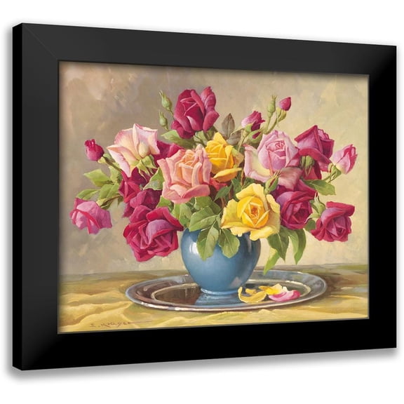 Krueger, E. 14x12 Black Modern Framed Museum Art Print Titled - ROSES IN A BLUE VASE