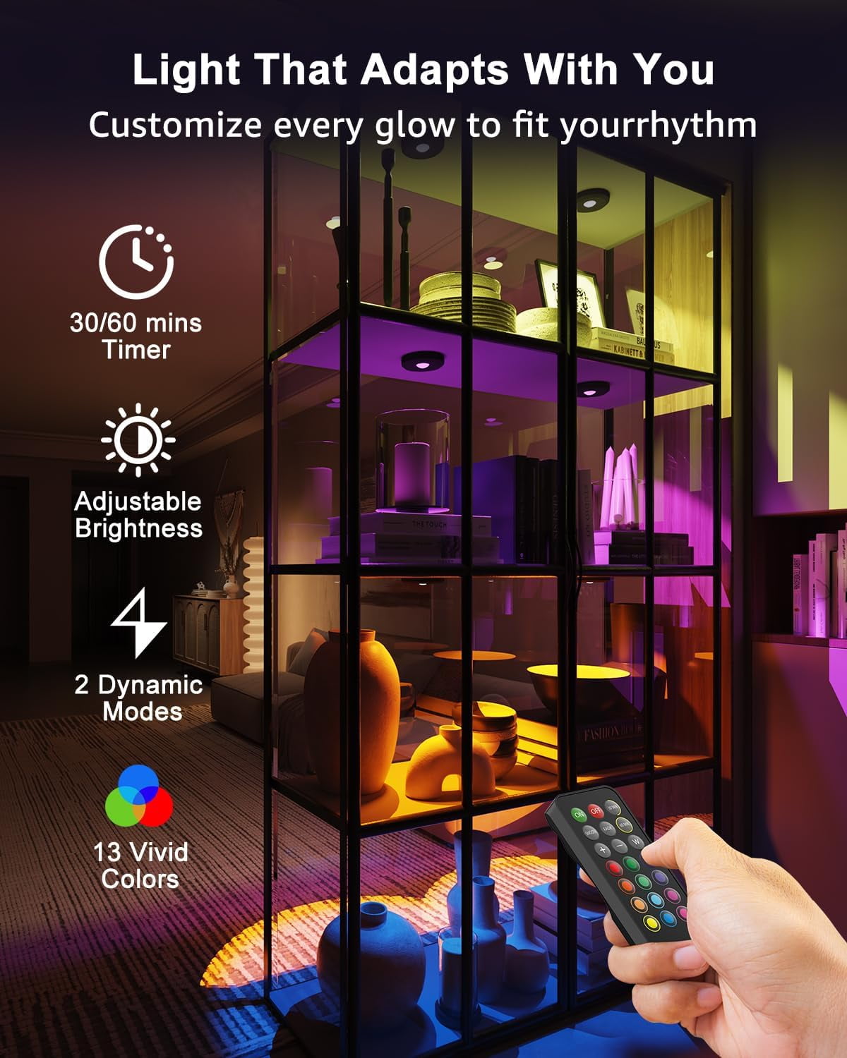 JJEAN-Rechargeable RGB Puck Lights with Remote, Black 2400mAh Battery Touch Light, Magnetic Push Tap Lights, Wireless Color Changing LED Under Cabinet Lighting, Sitck On Light for Kitchen, Closet, Sh
