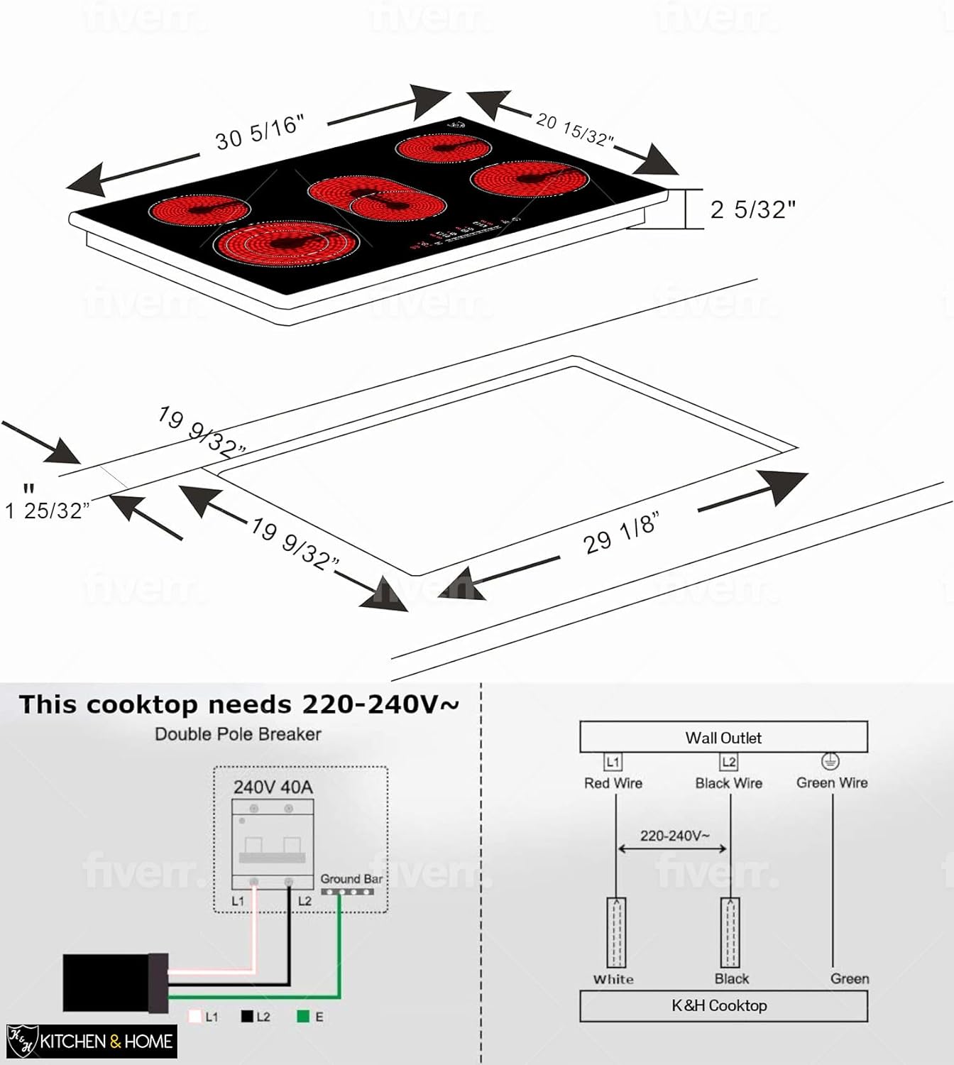 K&H German Designed 5 Burner 30 Inch Built-in Electric Stove Top Radiant Ceramic Kitchen Cooktop Touch Control 240V 8600W CE30-8608