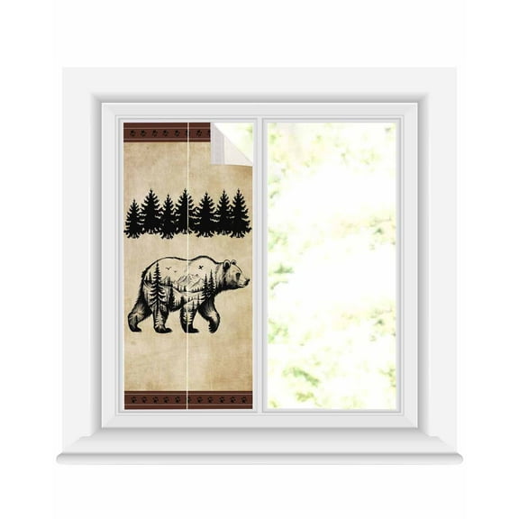 Window Privacy Film Brown Black Bear Stained Glass Window Film Decorative Sun Block Window Cover Farmhouse Cabin Forest Vintage Window Clings Static Adhesive Sticker for Bathroom 19.6"x39.3"