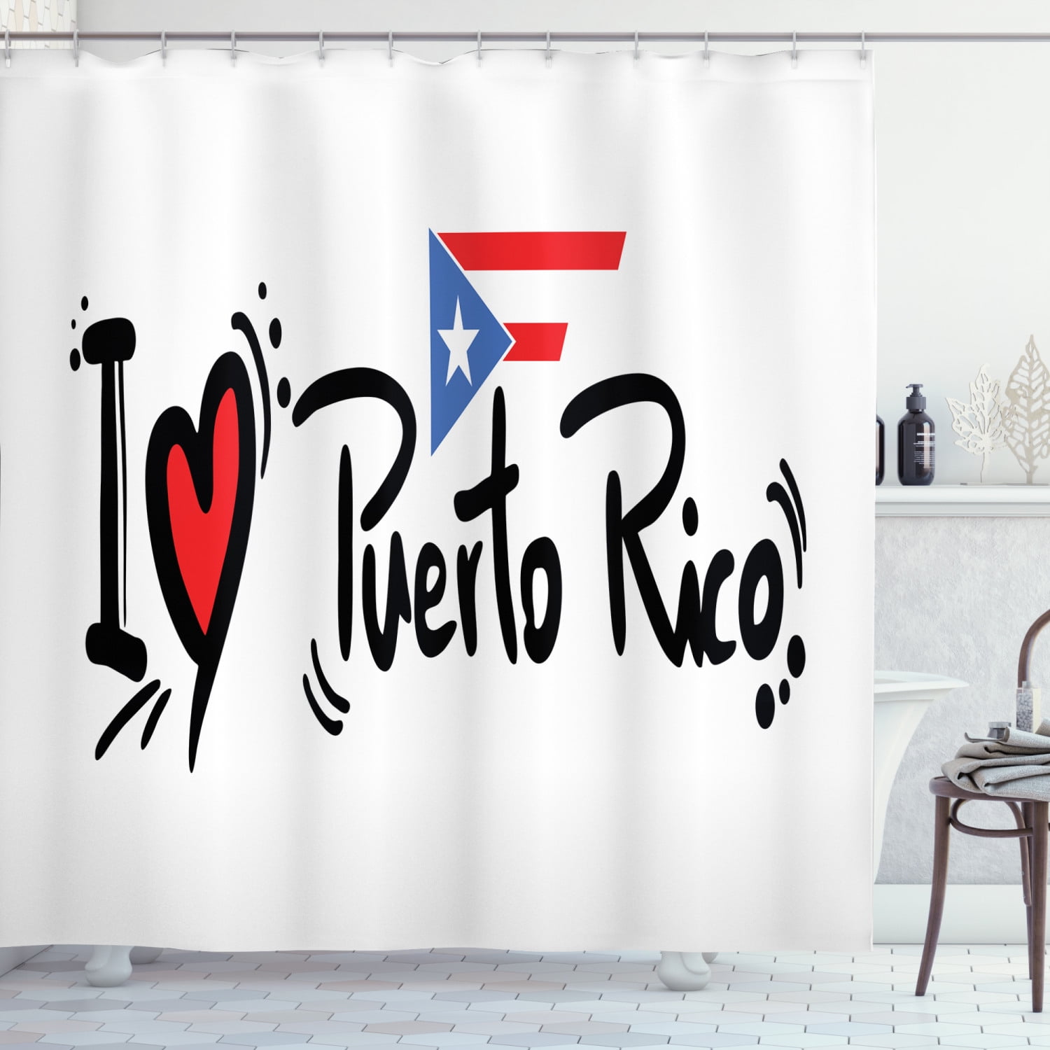 Puerto Rico Shower Curtain, I Love Puerto Rico Doodle Handwritten with