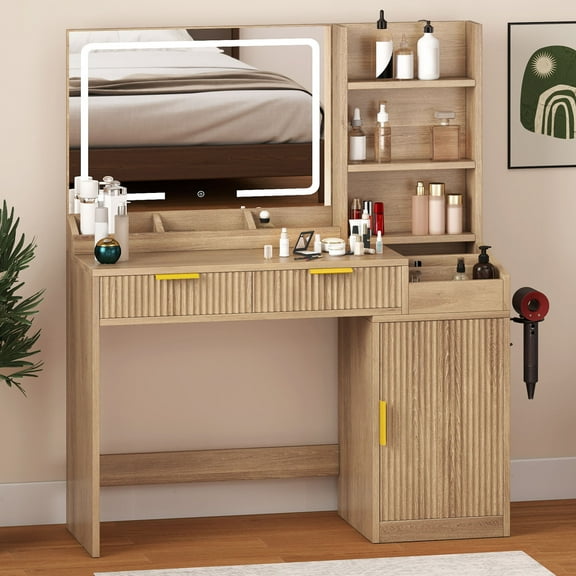 Uforic Vanity Desk with Mirror and LED Lights, Makeup Vanity Table with 2 Drawers & 11 Shelves, Makeup Table with Power Outlet for Bedroom Dressing Room,Oak