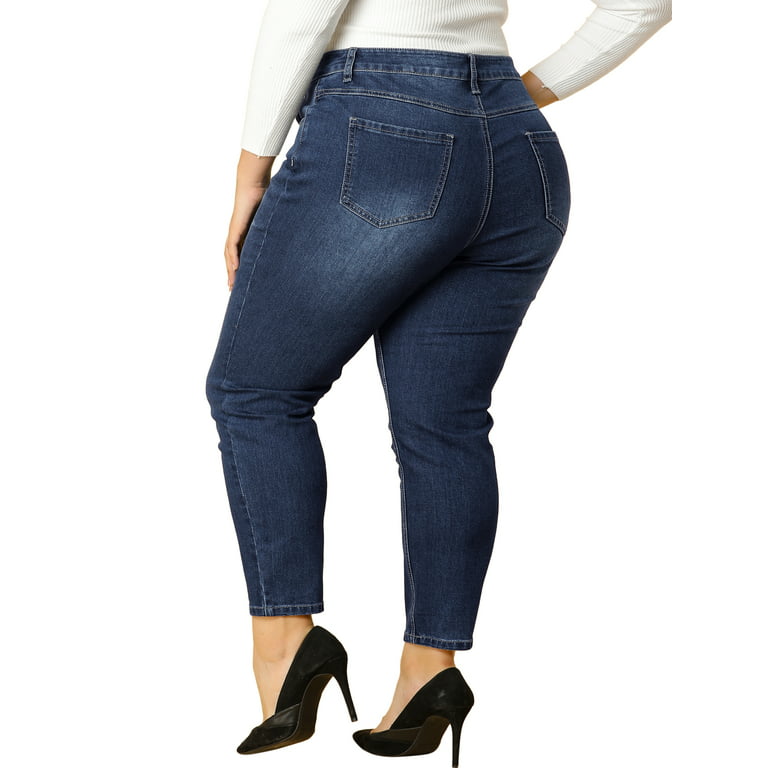 Unique Bargains Women's Plus Size Mid Rise Denim Stretch Washed Skinny  Jeans 