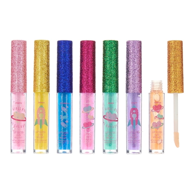 Expressions Colección de brillo de labios Girls Rule The Galaxy de 7 piezas para niñas, adolescentes y mujeres, brillo de labios con sabor, kit de labios con purpurina, recuerdos de fiesta