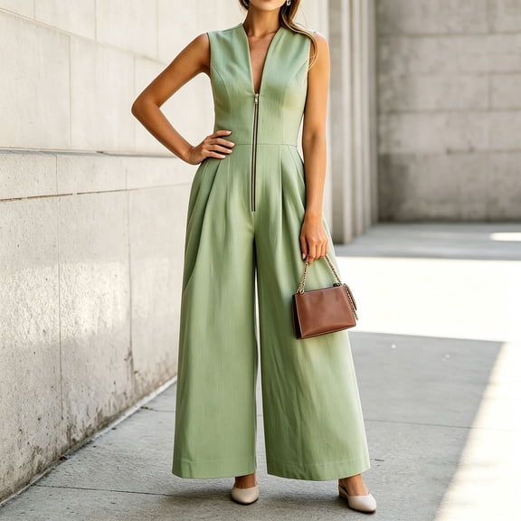 IUYRTFE Women Sleeveless Solid Color Jumpsuit Button Front Wide Leg Romper for Summer Vacation Daily Wear