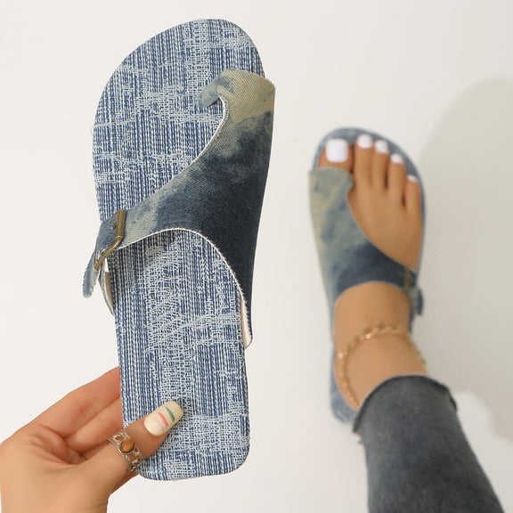 Samdudou Slide Sandals Open Toe Denim Fabric Toe Ring Flat Thong Summer Casual Beach Pool Ladies Vacation Style Footwear Outdoor Daily Wear Lightweight Soft Trendy Design