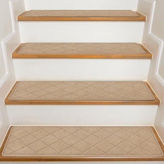 Stair Treads for Wooden Steps Indoor, 15 Pack 8" X 30" Non Slip Carpet Stair Treads with Reusable Adhesive for Elders and Dogs, Surface Polyester TPR Backing Stair Rugs, Beige