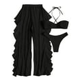 thumbnail image 4 of 3 Piece Swimsuit for Women Bikini Set with Sheer Ruffle Mesh Cover Up Pants Halter Bandeau Top High Waisted Bathing Suit, 4 of 4