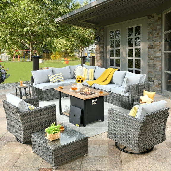 XIZZI Outdoor Furniture Wicker 11-piece Sectional Set with Swivel Rocking Chair and Fire Pit Table,Grey