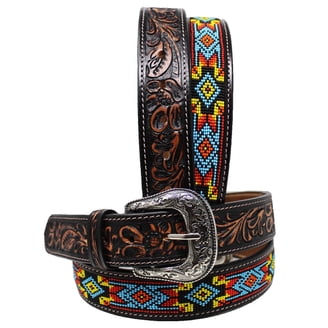 4977 Western Tooled Leather Beaded Belt For Men And Women Hand-Tooled Leather Western Beaded Belt by Hilason – Hilason  main image 2