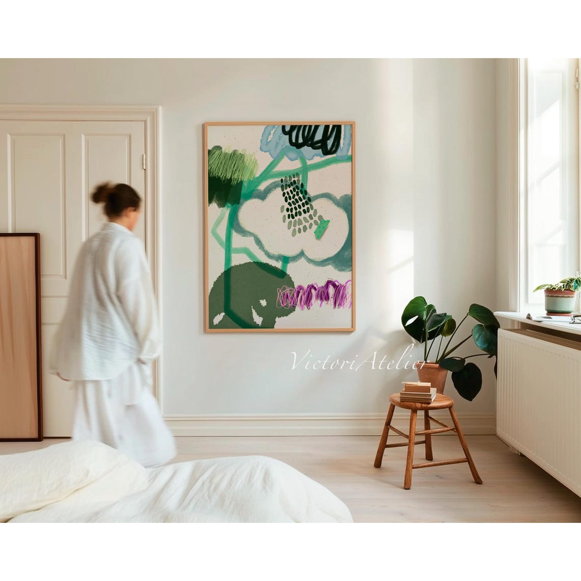 Green Abstract Scribble Wall Art Print Modern Minimalist Bedroom And Gallery Wall Decor