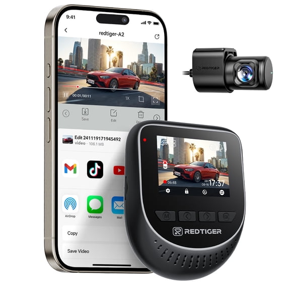 Redtiger A2 Dash Camera Front and Rear, 2.5K 1080P Dual Dashcam, WiFi, Loop Recording, G-Sensor, 24H Parking Mode, Super Capacitor, Wide Angle (SD Card Not Included)